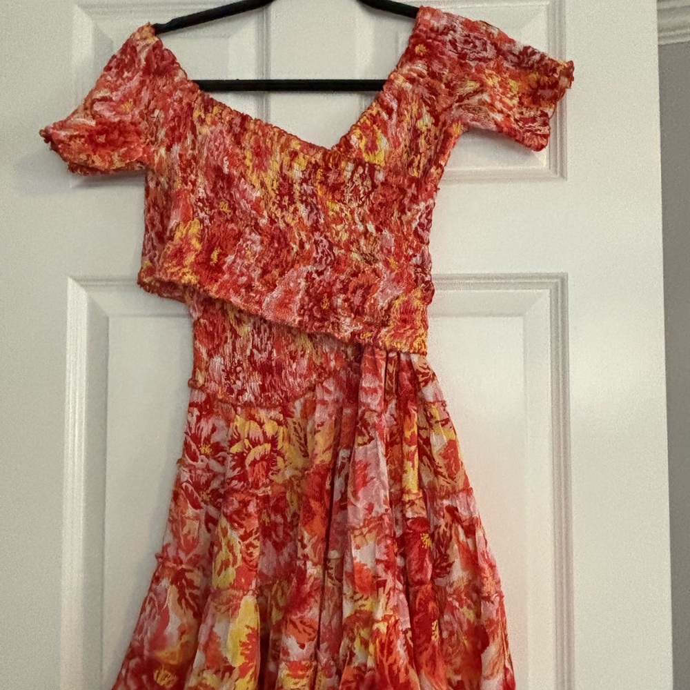 Poupette St. Barth Red and Orange Ruched Off-Shoulder Sundress